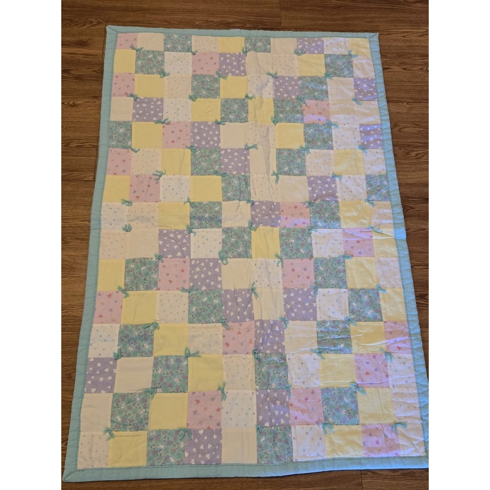 Vintage Handmade Baby Quilt Pastel Patchwork Bunny Hearts Tie Quilt Blanket